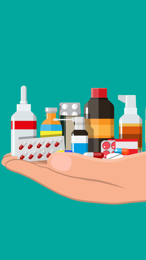 Een hand met geld en een hand met medicijnen Een hand met geld en een hand met medicijnen