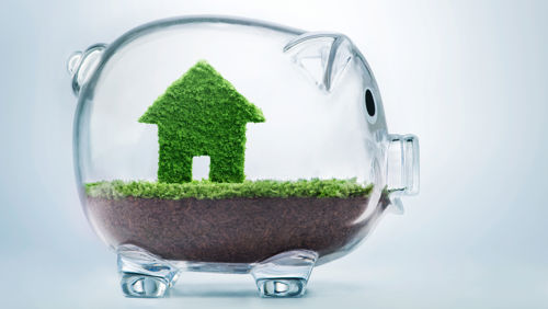 Glazen spaarvarken met huisje van gras Glazen spaarvarken met huisje van gras